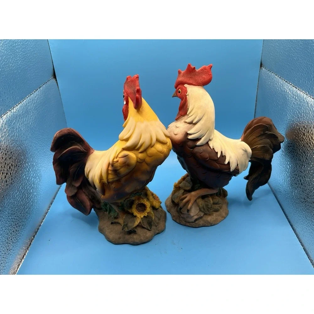 Vintage‎ Set/2 Rooster Figurines• Resin Sunflowers Country Farmhouse Decor